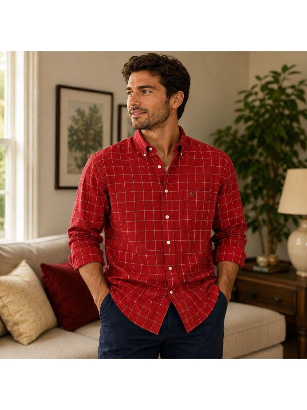 VTG Tommy Hilfiger '01  Men L Classic Fit Red Windowpane Plaid Button Down Shirt